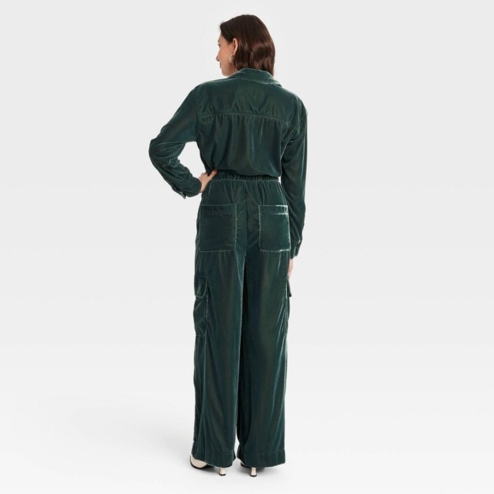 Women's Long Sleeve Velvet Cargo Jumpsuit - Universal Thread Green 6 - Picture 2 of 3